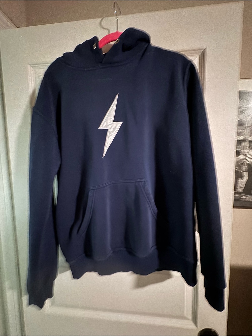 Men's Navy Blue Pullover Hoodie with White Lightning Motif Bruce Bolt